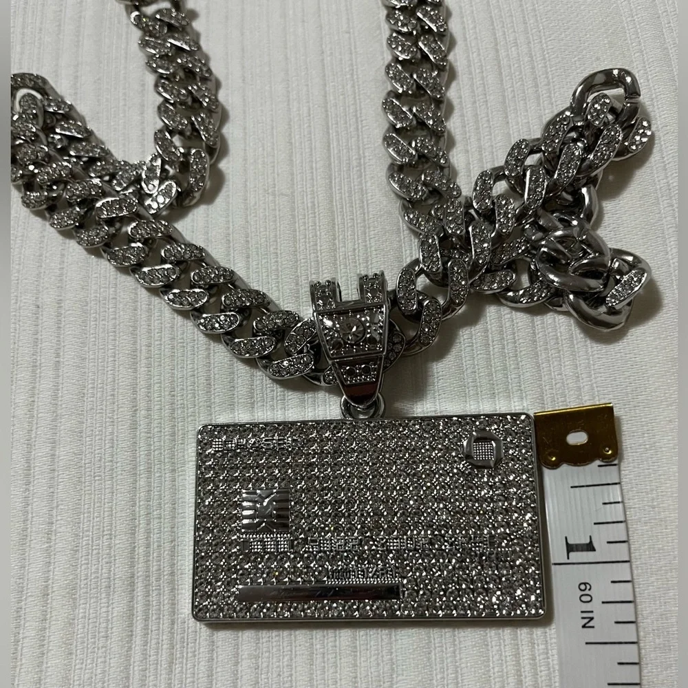 Iced Out Credit Card Pendant & Heavy Cuban Link Chain Necklace - Silver Tone